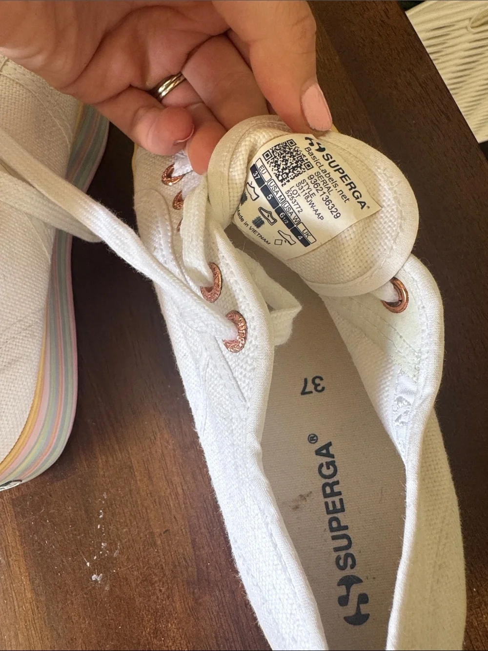 Superga White Canvas Platform Sneakers with Pastel Rainbow Striped Sole
